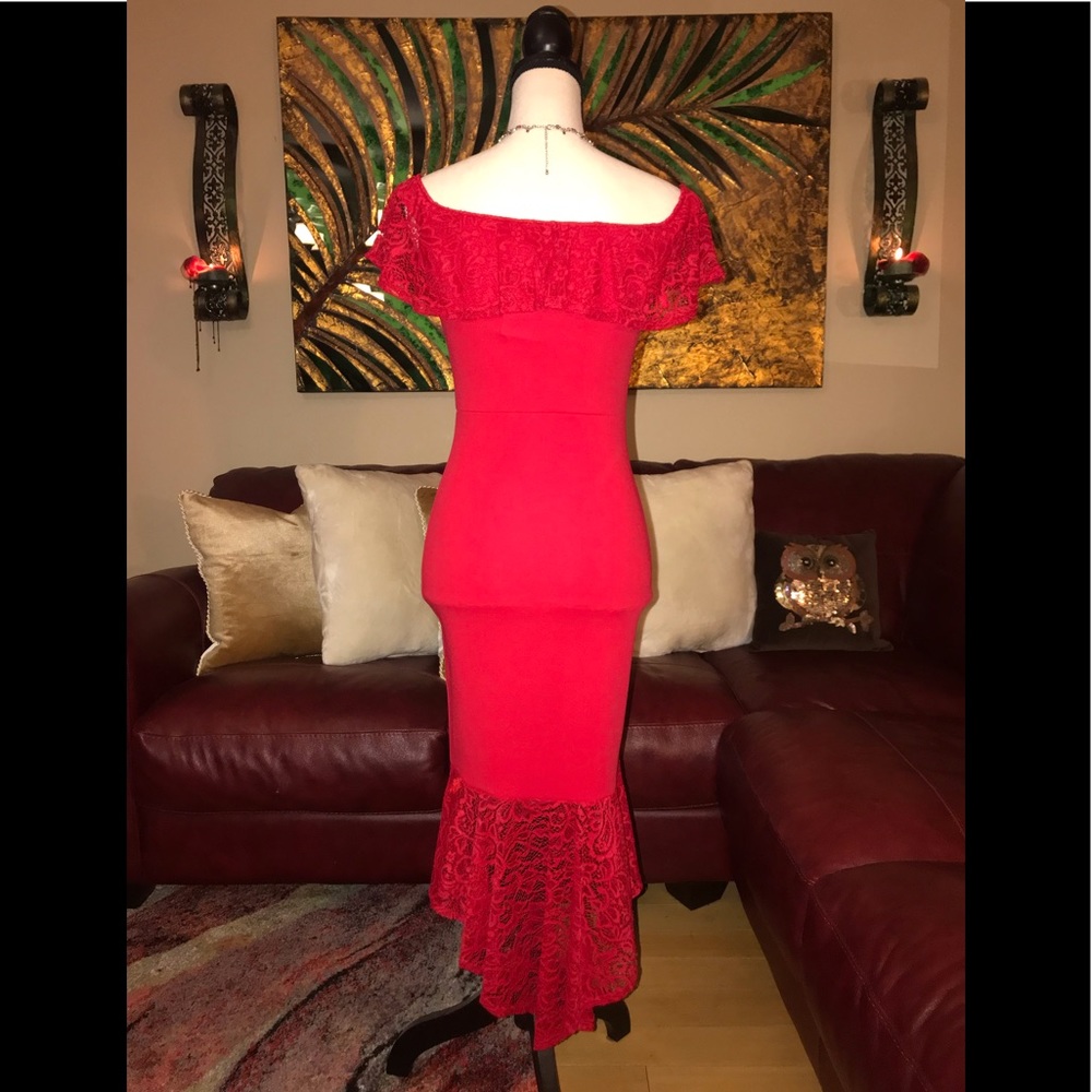 Red Lace Detail Asymmetric Dress - Picture 4 of 8